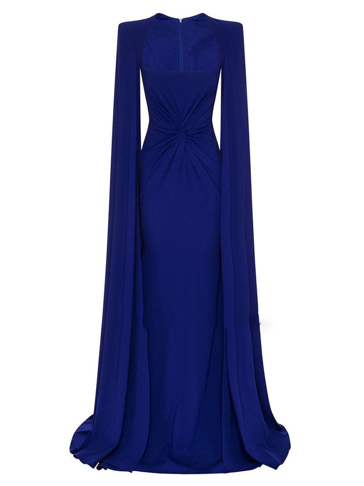 square-neck gown with ruched waist and floor-length cape – ODD- Thuraya