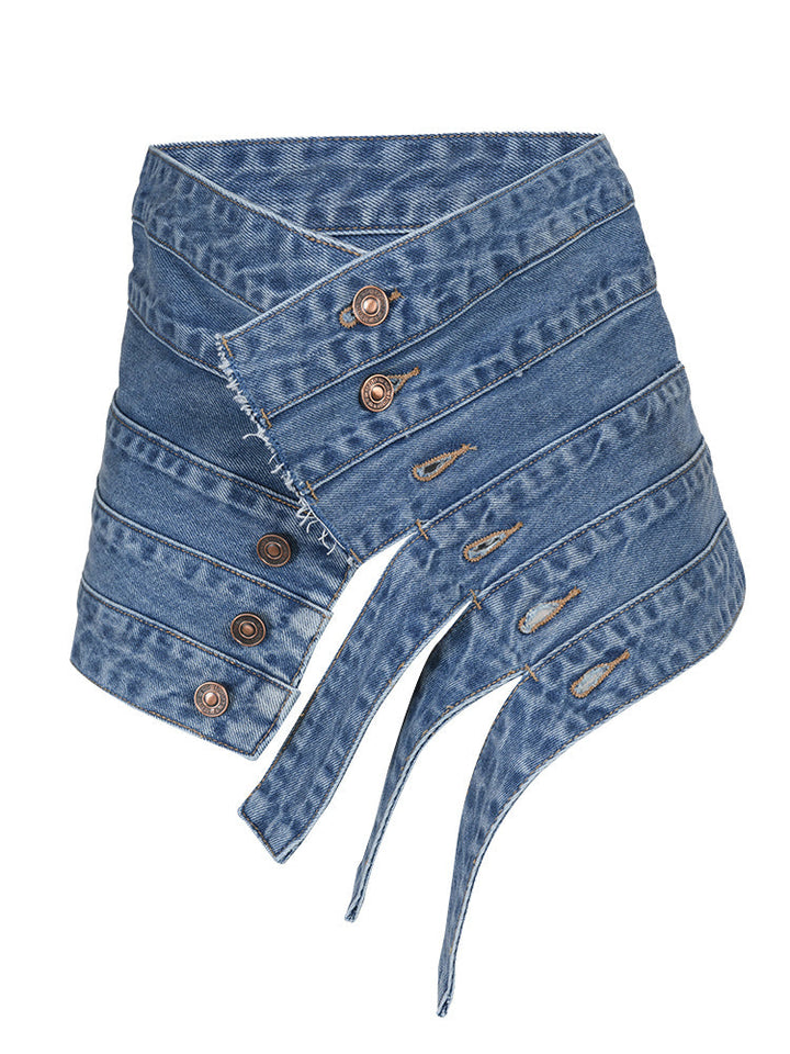 asymmetrical denim belt with layered button straps –Teiuc