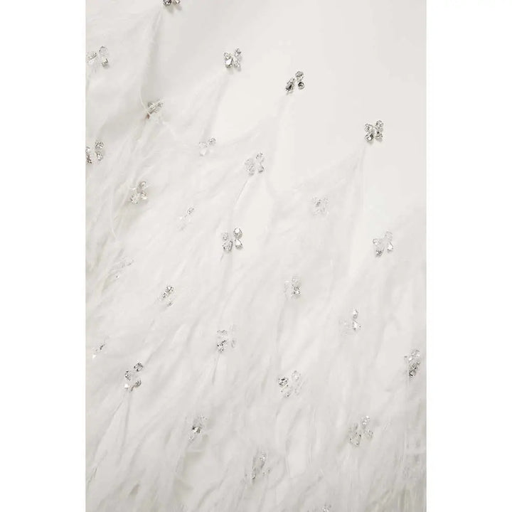 feather-trim embellished gown in ivory – Suzynne