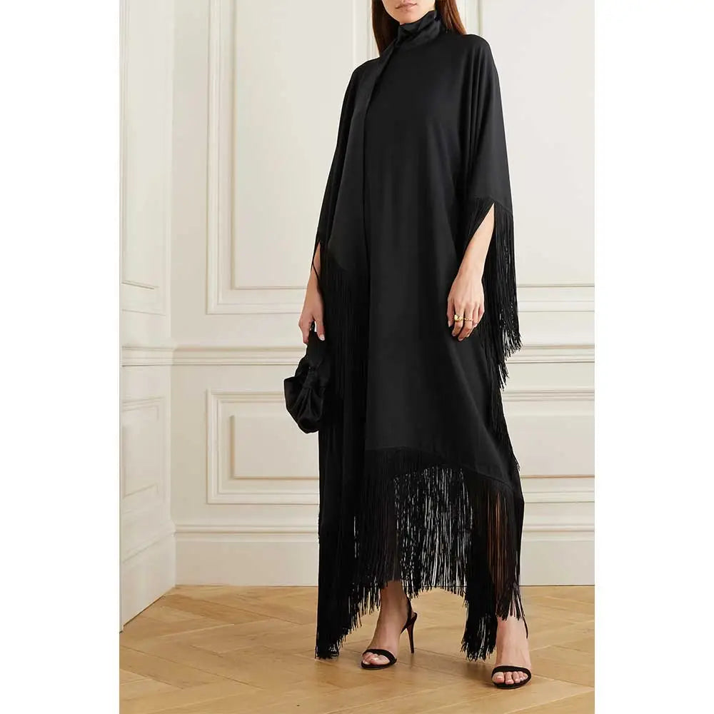 fringed kaftan gown with tie-neck – ODD- Sushali