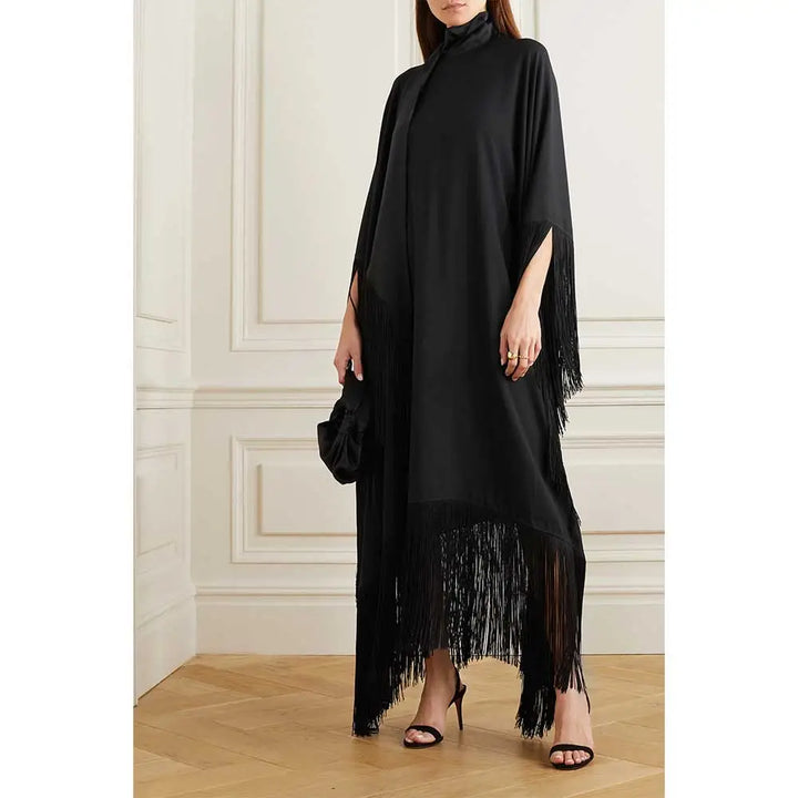 fringed kaftan gown with tie-neck – ODD- Sushali