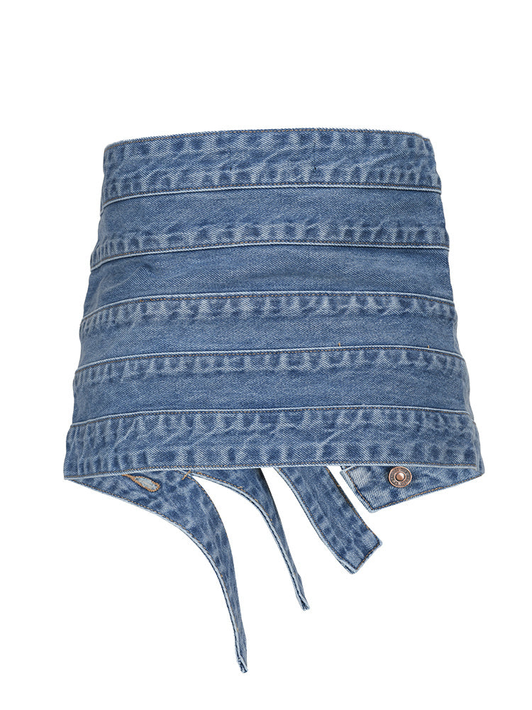 asymmetrical denim belt with layered button straps –Teiuc