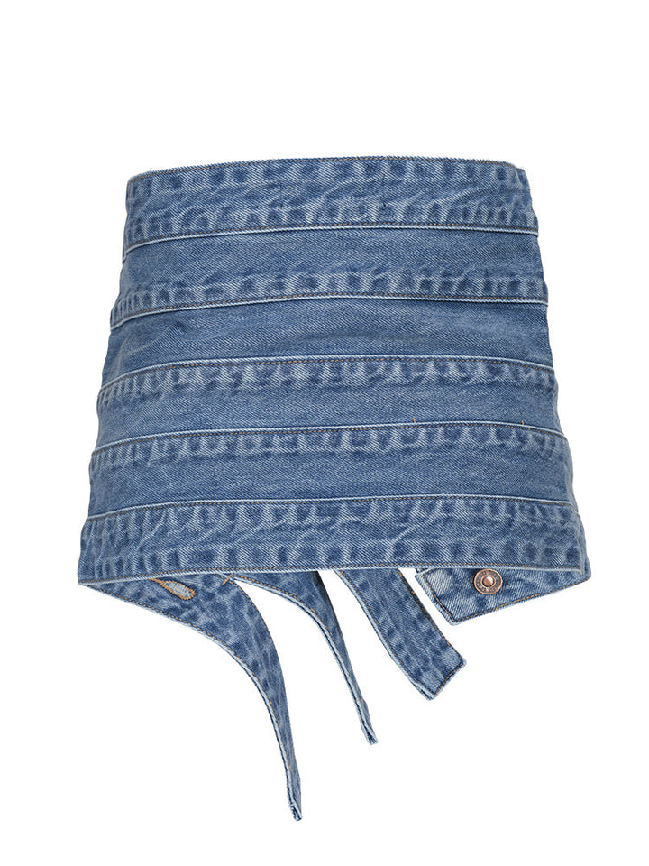 asymmetrical denim belt with layered button straps –Teiuc