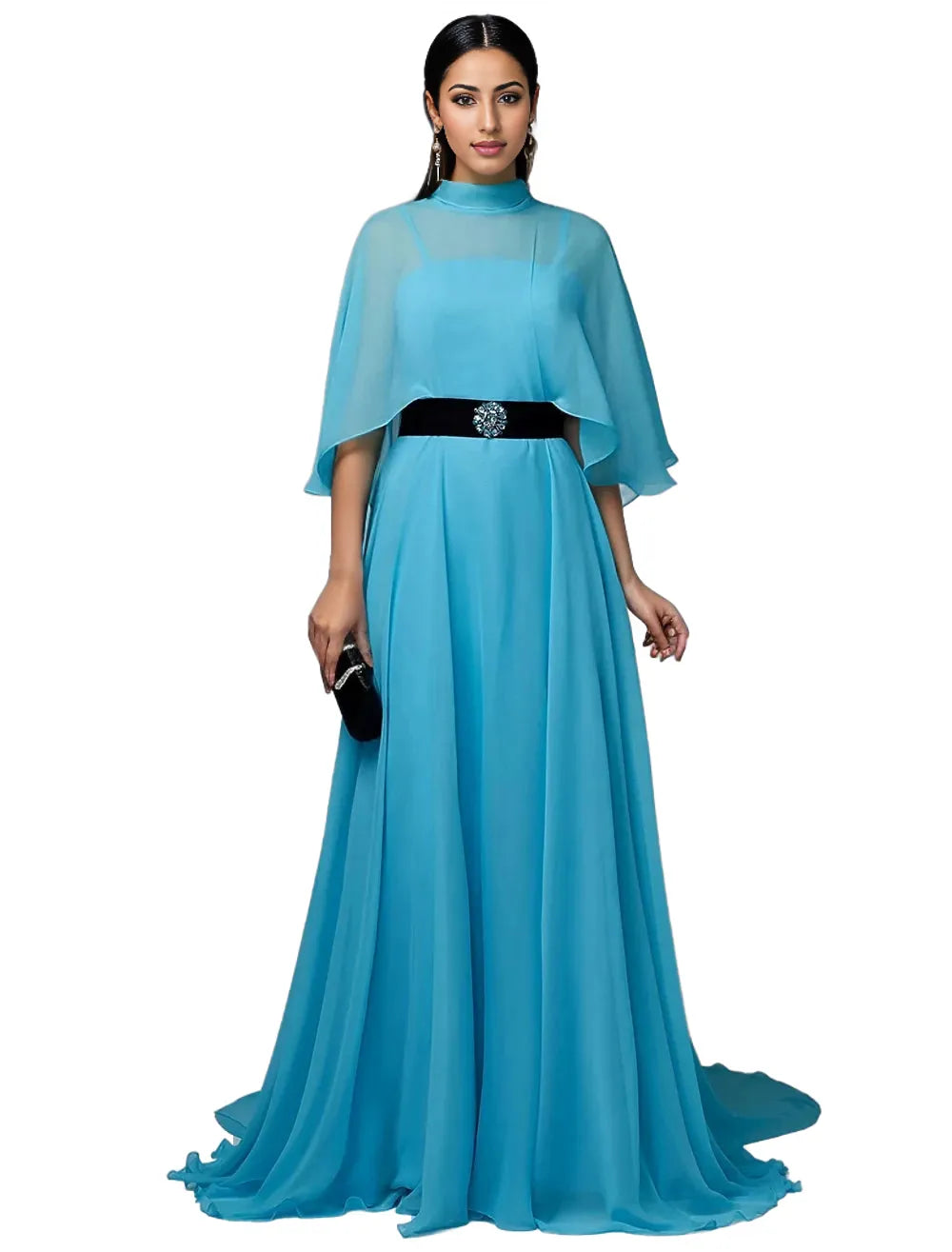 Chiffon gown with cape overlay and velvet belt – Zorica-1
