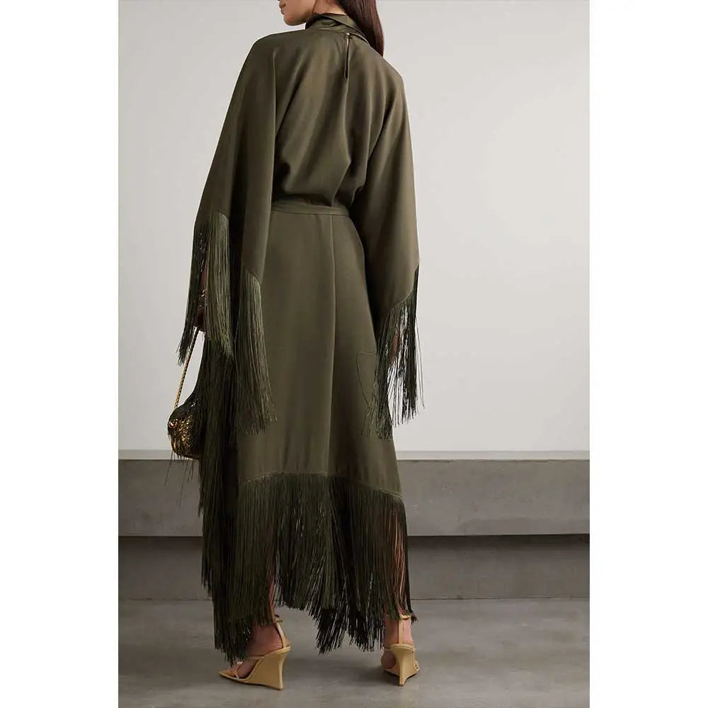 fringed kaftan gown with tie-neck – ODD- Sushali