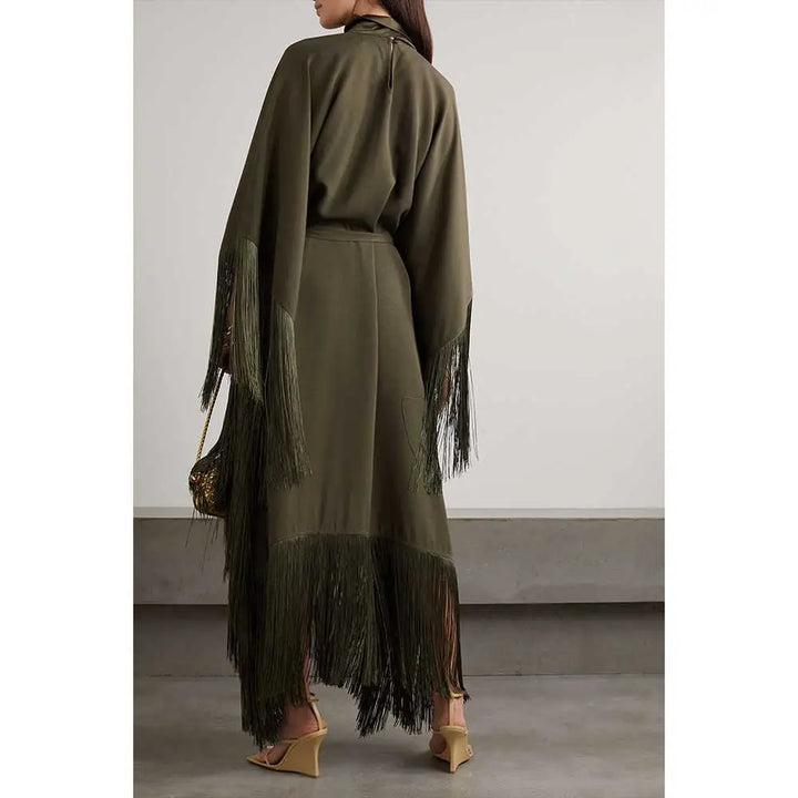 fringed kaftan gown with tie-neck – ODD- Sushali