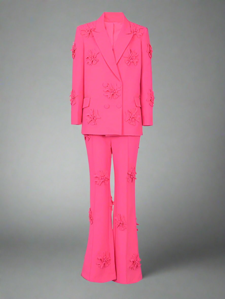 floral applique double-breasted blazer and flared pants set - GHOOTER
