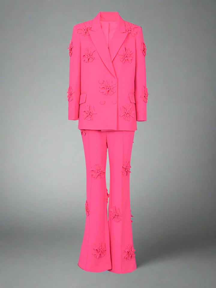 floral applique double-breasted blazer and flared pants set - GHOOTER