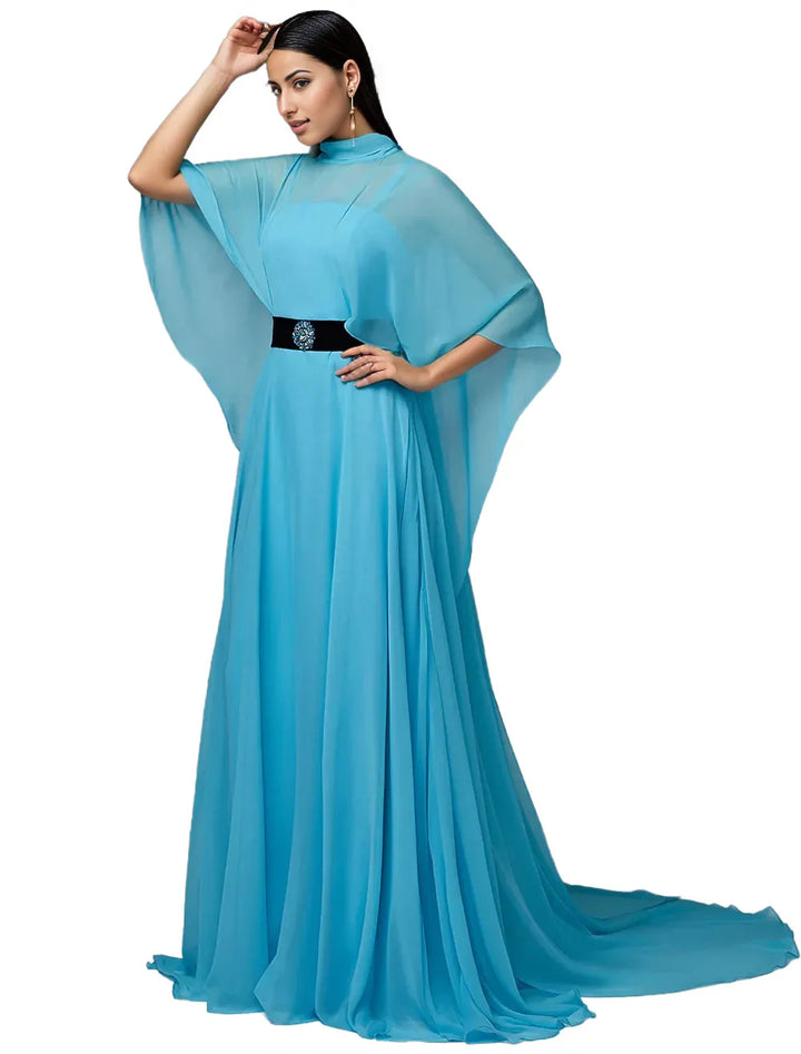 Chiffon gown with cape overlay and velvet belt – Zorica-1