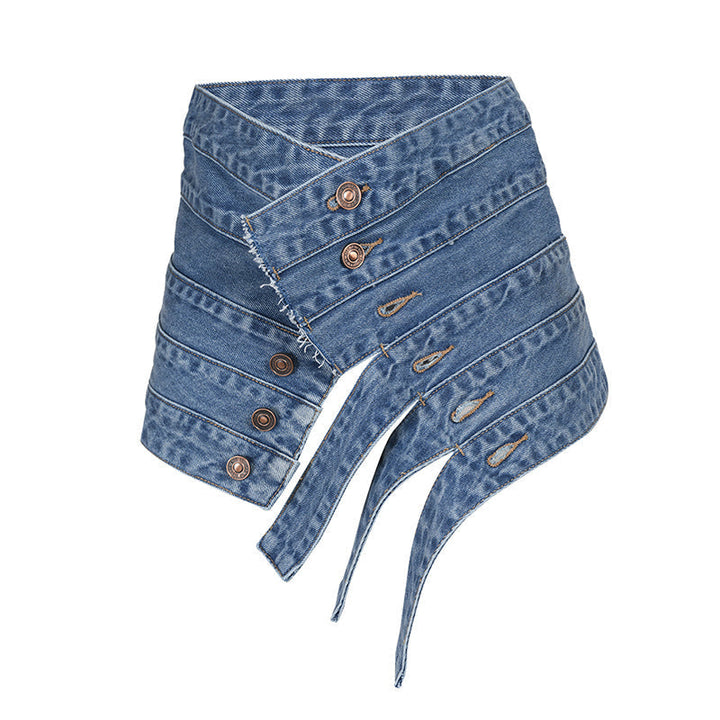 asymmetrical denim belt with layered button straps –Teiuc