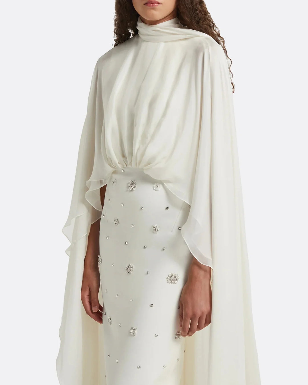 High-neck embellished column dress with layered cape - Mia-1