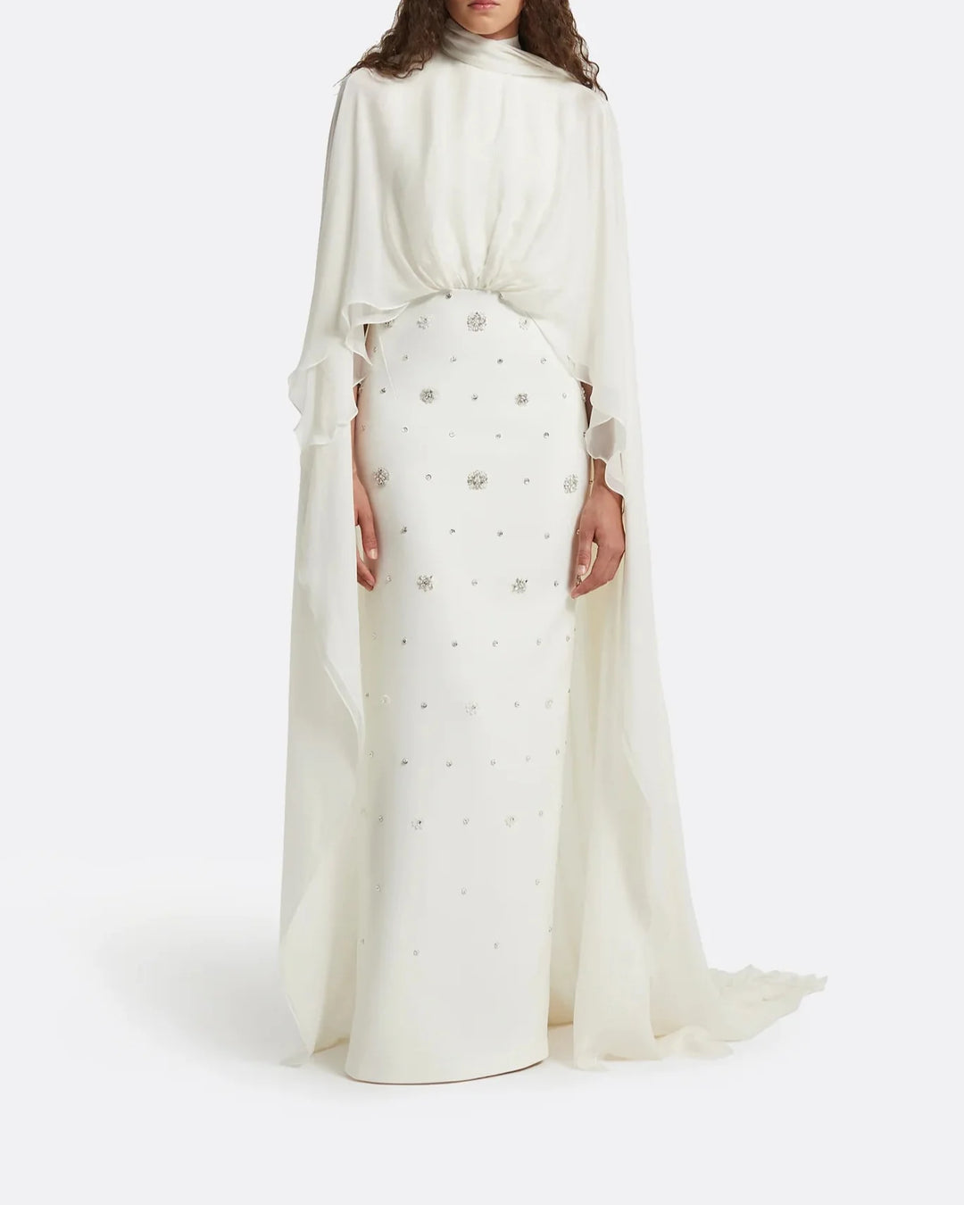 High-neck embellished column dress with layered cape - Mia-1
