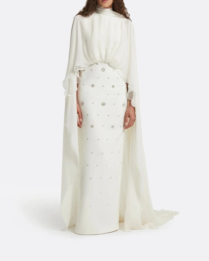 High-neck embellished column dress with layered cape - Mia-1