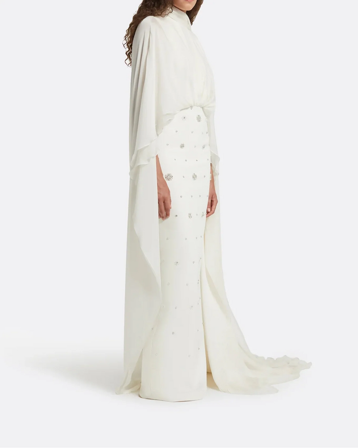 High-neck embellished column dress with layered cape - Mia-1
