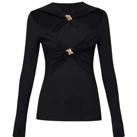 cutout wrap top with gold clasp detail – EMBRACE