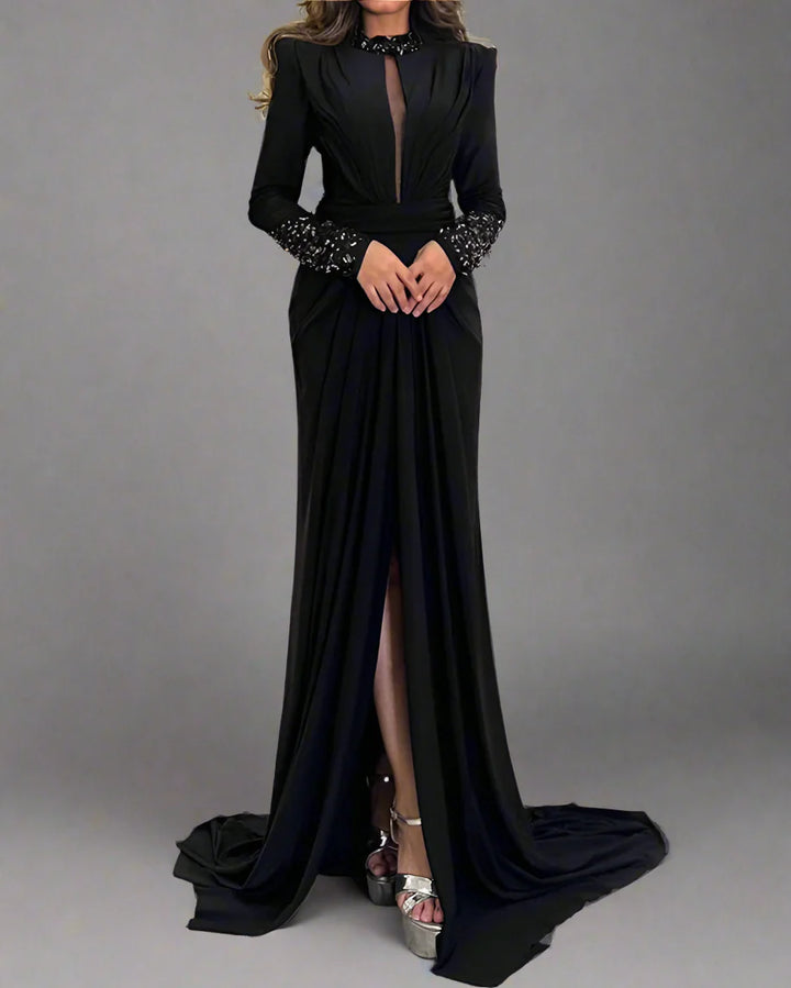 High-neck long-sleeve dress with embellished cuffs and front slit – ASTRD
