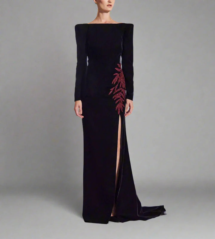 embellished slit velvet gown – Nolah