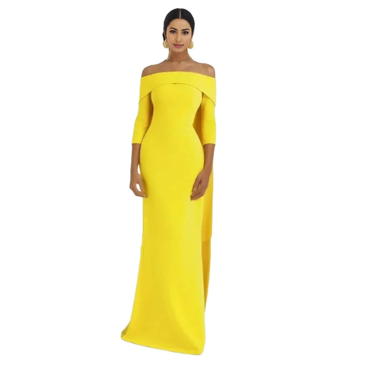 off-shoulder column gown with cape-back – Tessara