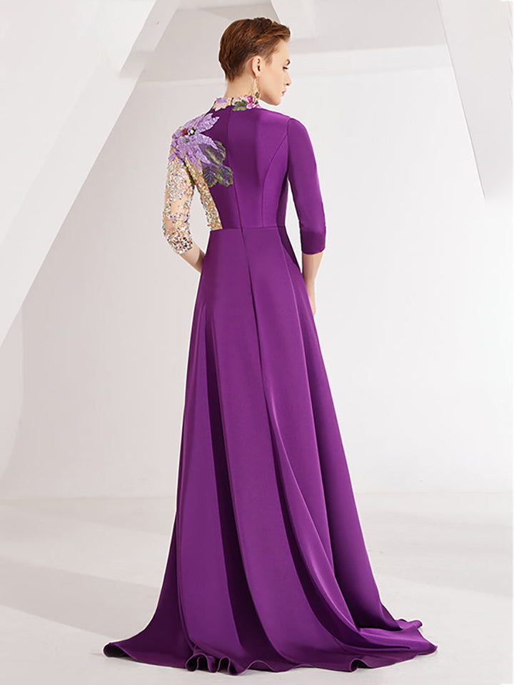 embroidered evening gown with sequin illusion sleeve –  Thumri