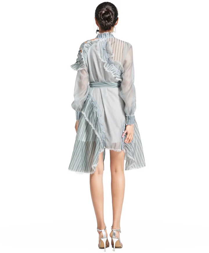 Sheer striped ruffle mini dress with sash – ODD- Nova