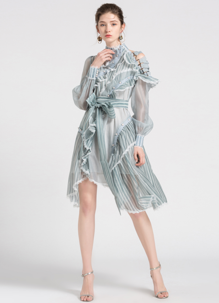 Sheer striped ruffle mini dress with sash – ODD- Nova
