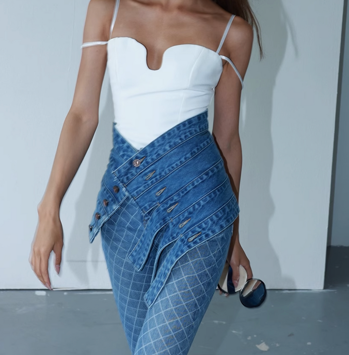 asymmetrical denim belt with layered button straps –Teiuc