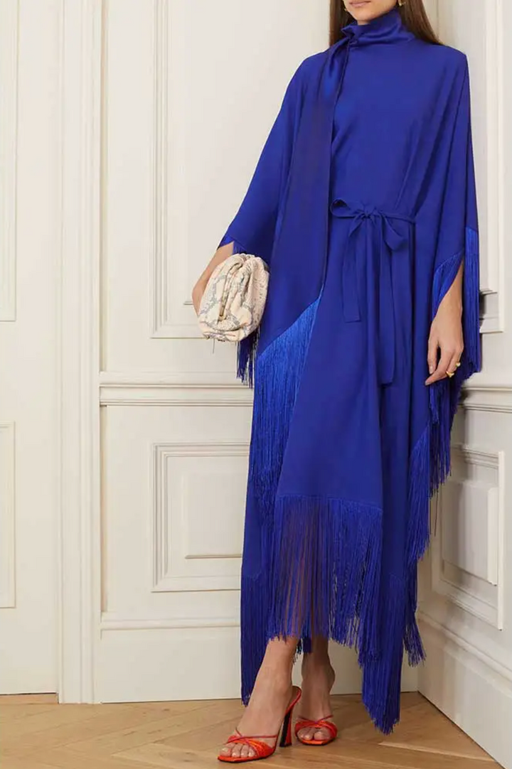 fringed kaftan gown with tie-neck – ODD- Sushali
