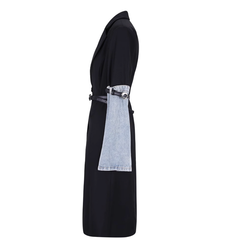 belted longline coat with denim sleeve accents - SunJung