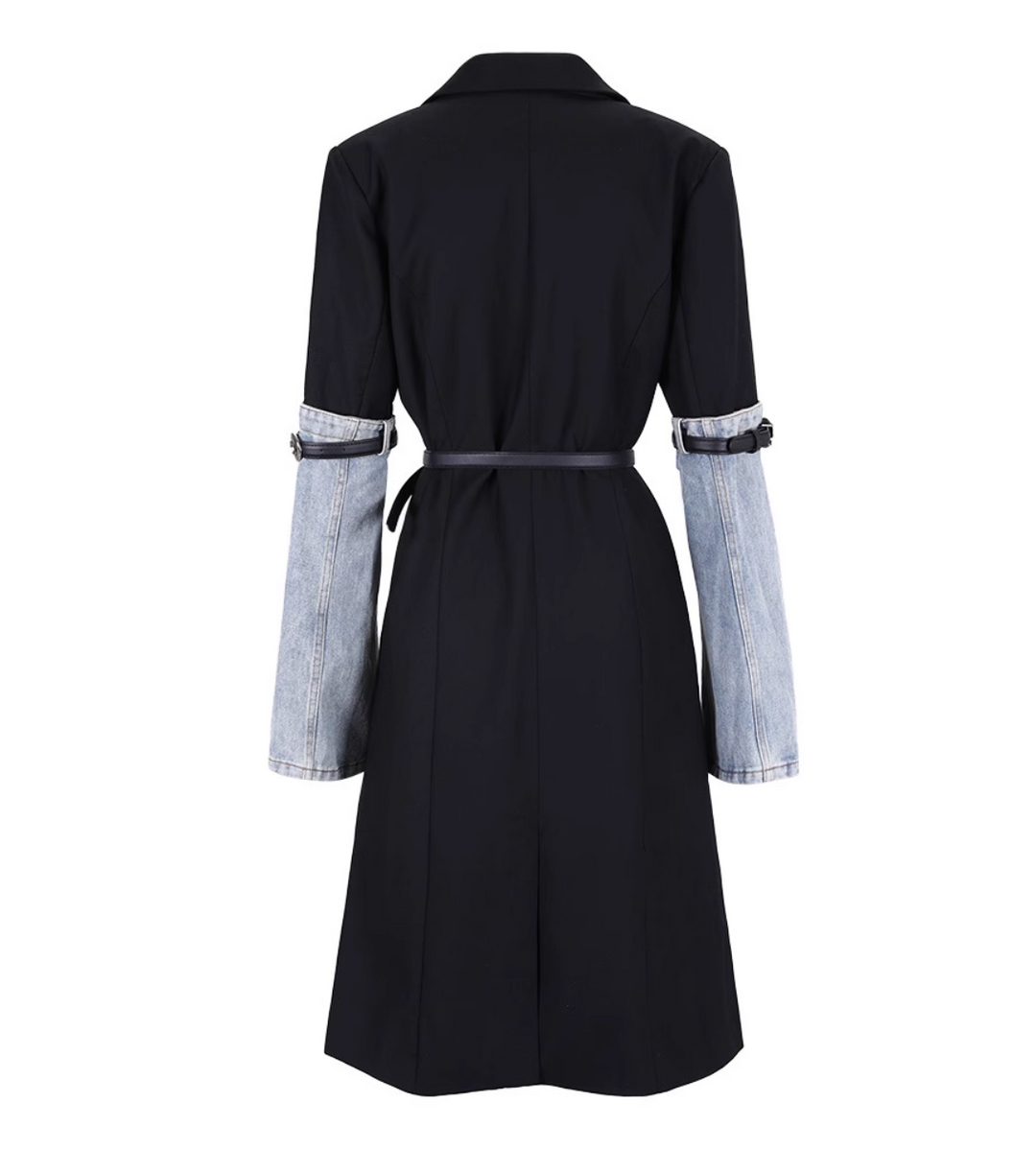 belted longline coat with denim sleeve accents - SunJung