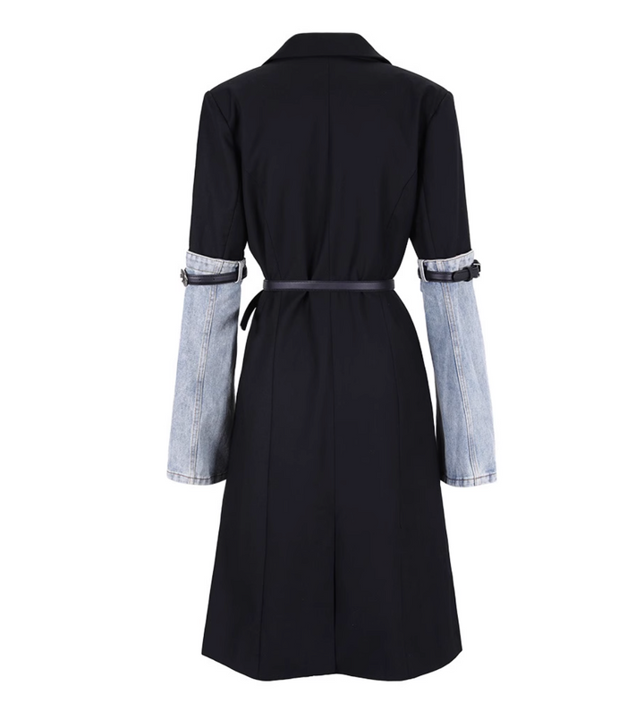 belted longline coat with denim sleeve accents - SunJung