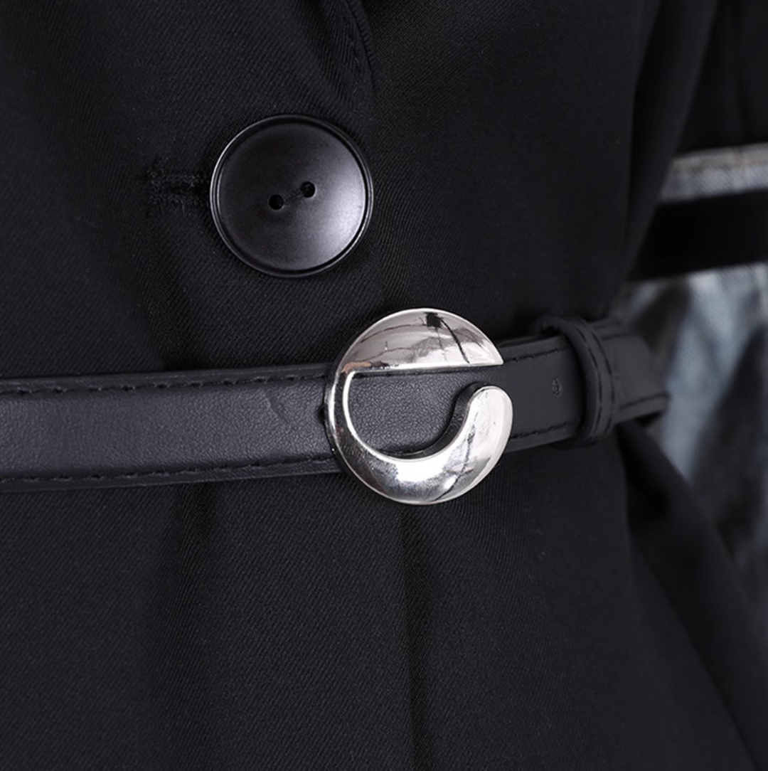 belted longline coat with denim sleeve accents - SunJung