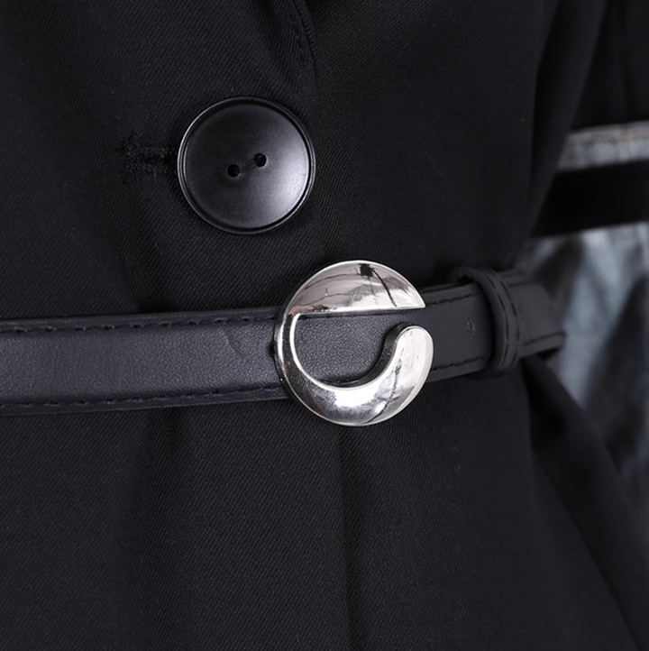 belted longline coat with denim sleeve accents - SunJung