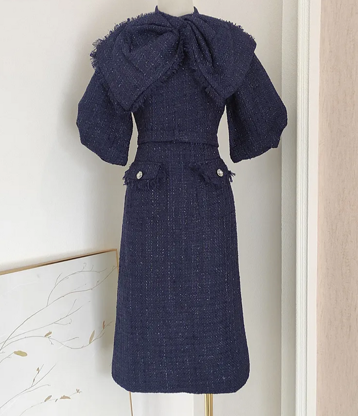 tweed midi dress with bow collar – Eriella