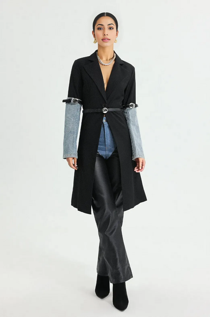 belted longline coat with denim sleeve accents - SunJung