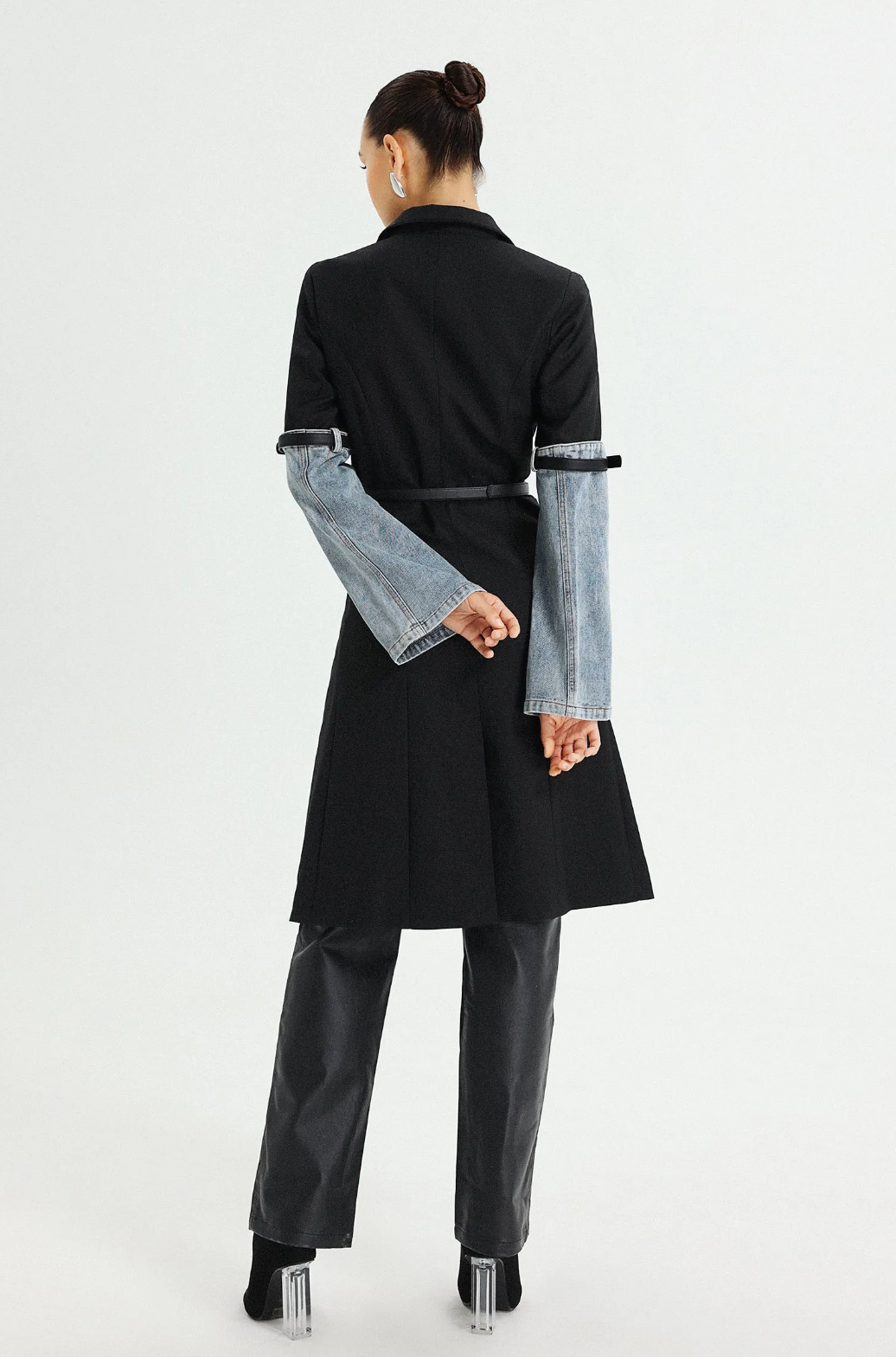 belted longline coat with denim sleeve accents - SunJung