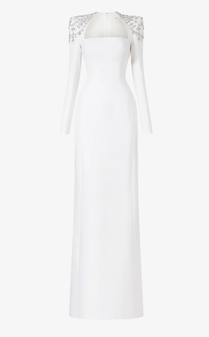 Black column dress with beaded shoulders and long sleeves ODD-Telqo