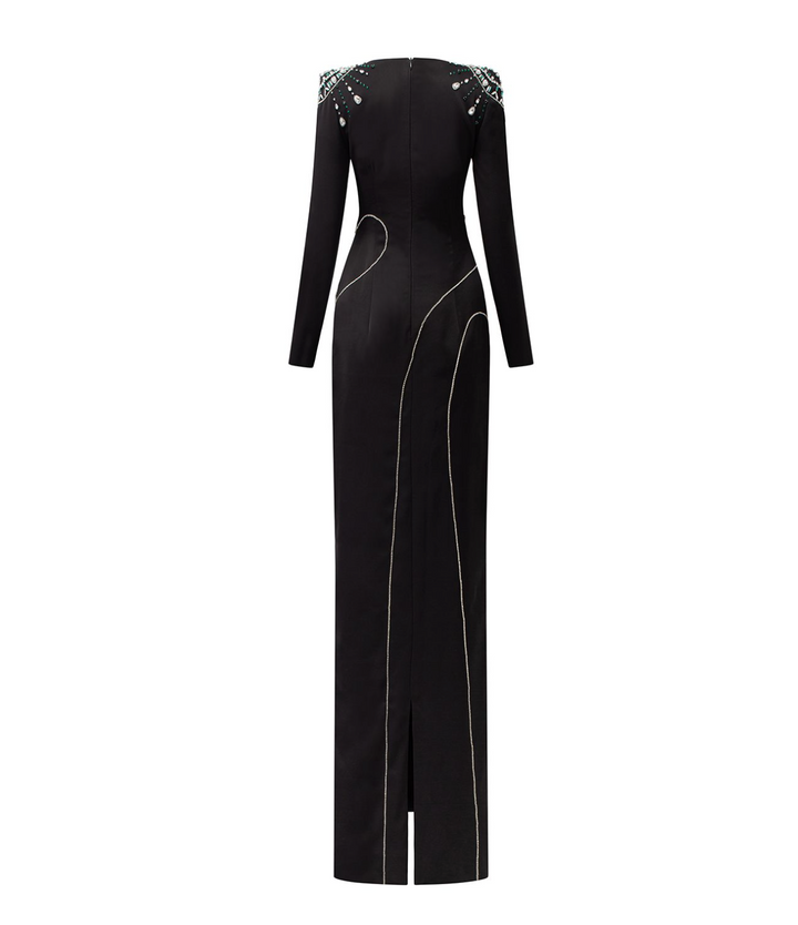 Embellished shoulder gown with curved seaming – Zaslen