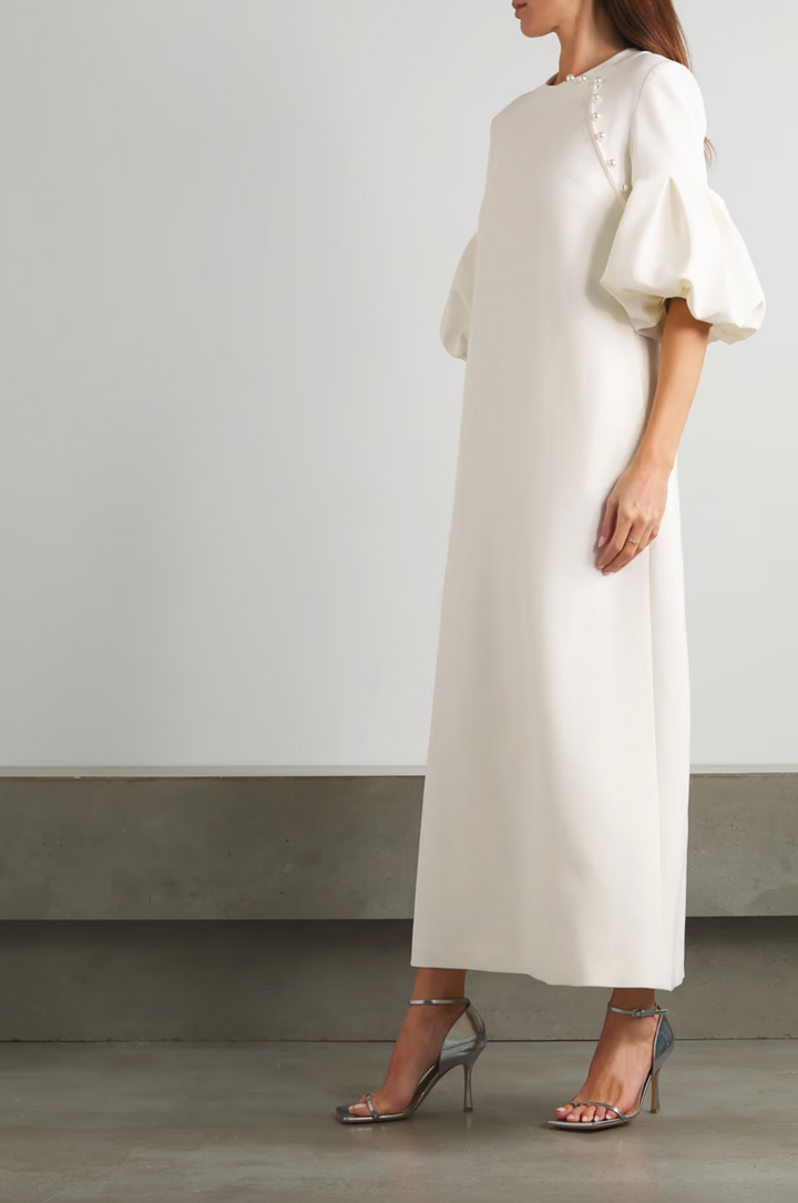 Puff-sleeve gown with pearl shoulder detail – Oljen