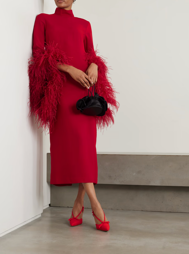 feather-trim midi dress with high neckline – Daale