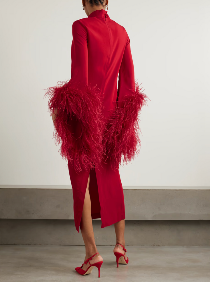 feather-trim midi dress with high neckline – Daale-1