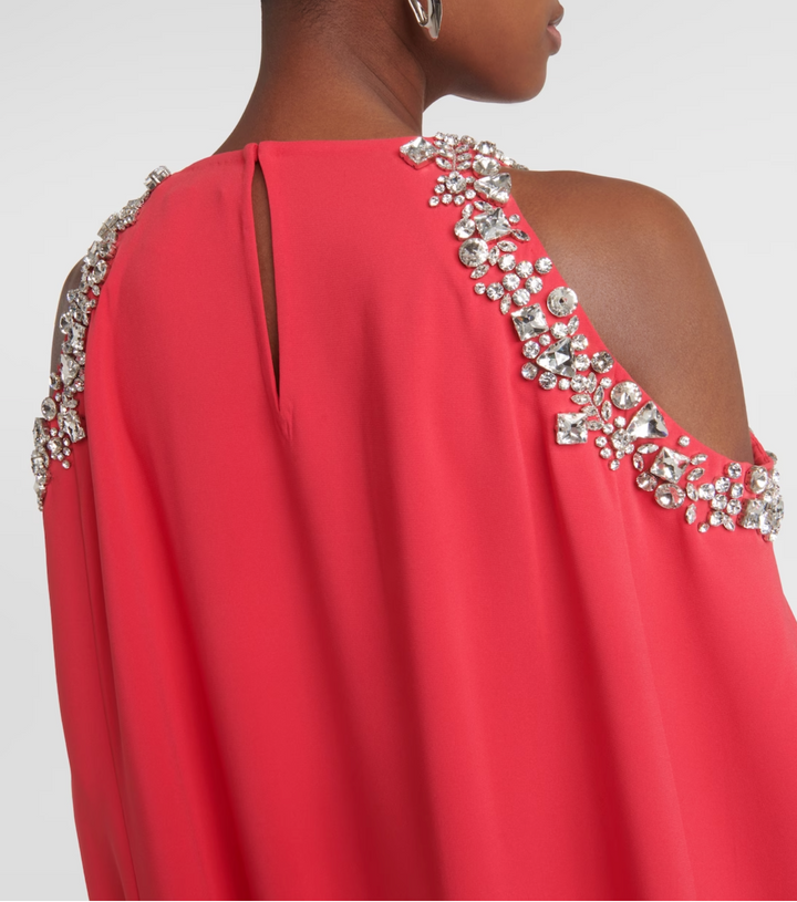 embellished cold-shoulder cape gown – Joriey
