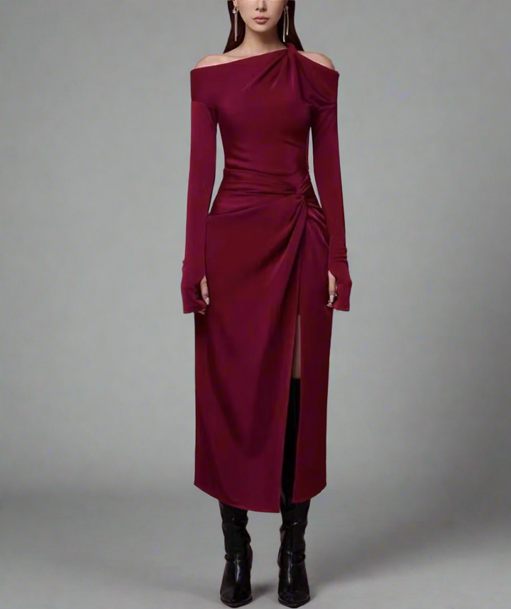 asymmetric off-shoulder draped midi dress – ODD- Degah