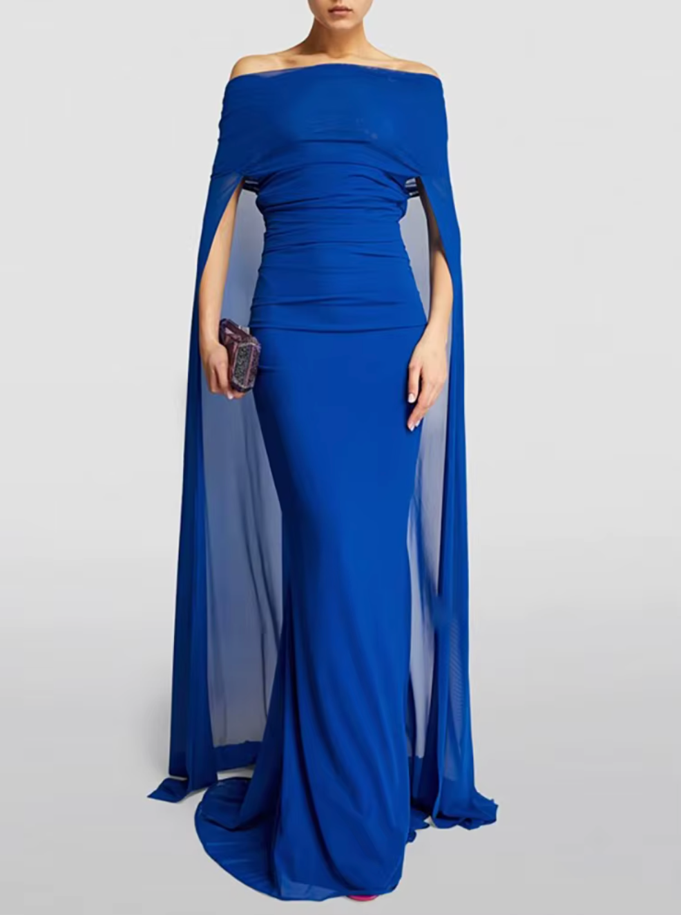 off-shoulder draped cape gown – Noral-1
