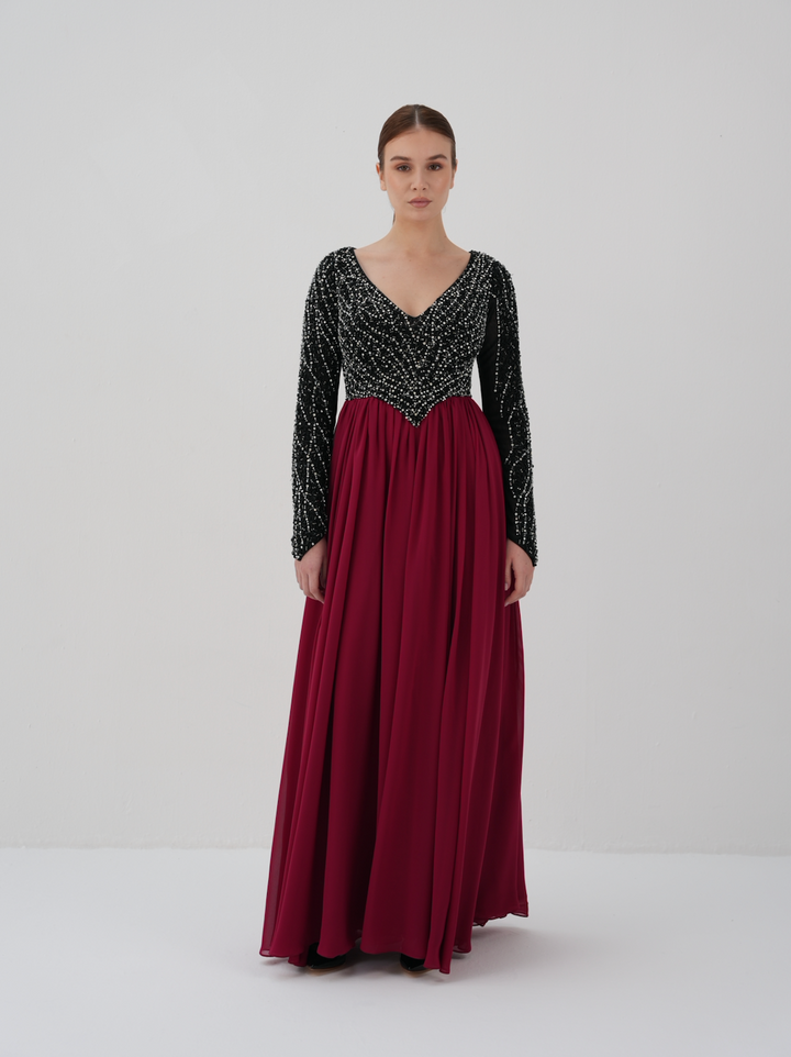 Long sleeve beaded dress with V neckline -ODD-GISELLE