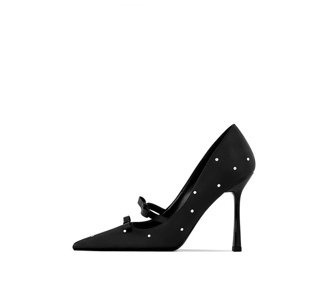 Pearl-Embellished Double Bow Satin Pumps – ODD- LILIAN