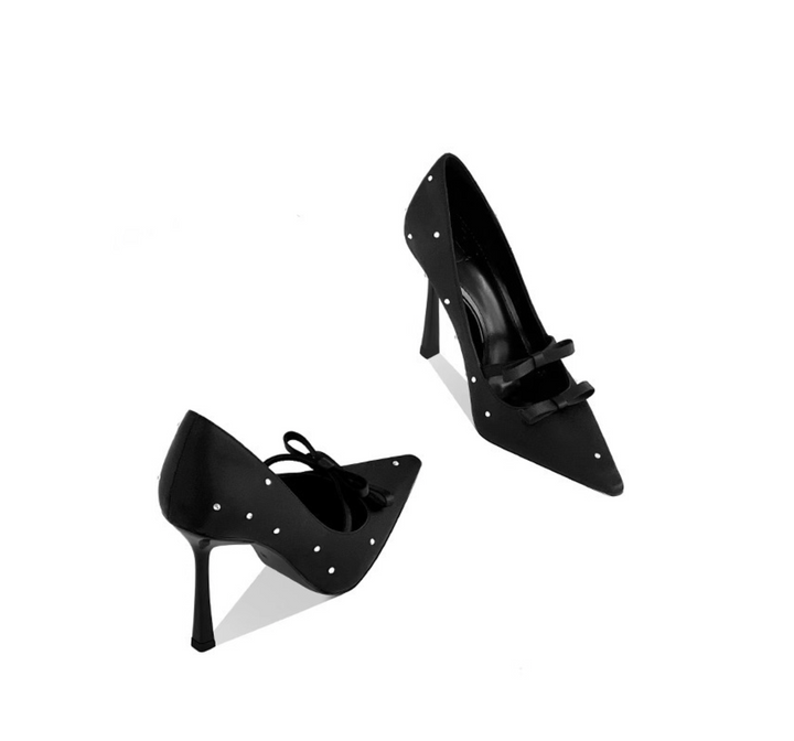 Pearl-Embellished Double Bow Satin Pumps – ODD- LILIAN