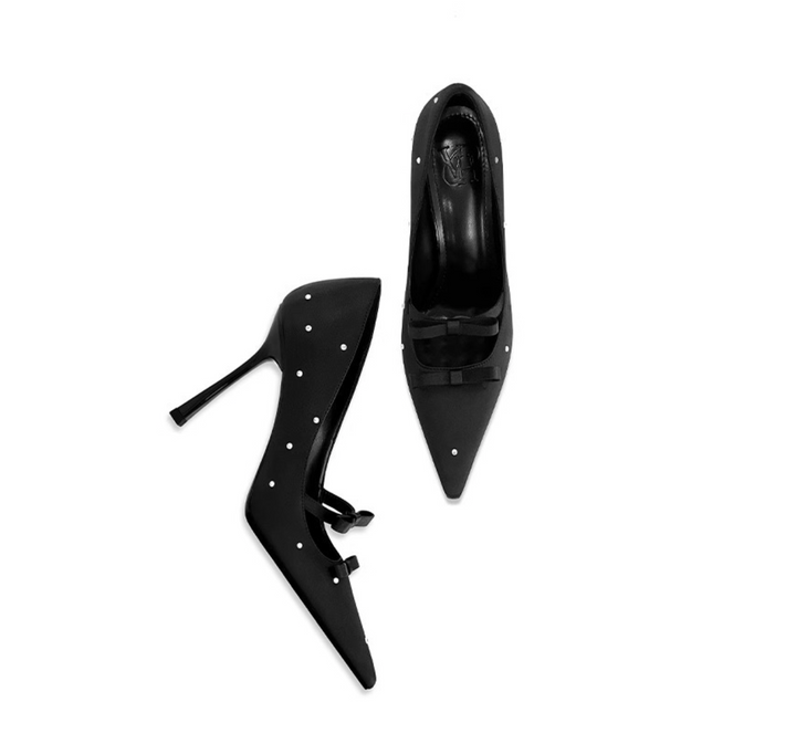 Pearl-Embellished Double Bow Satin Pumps – ODD- LILIAN