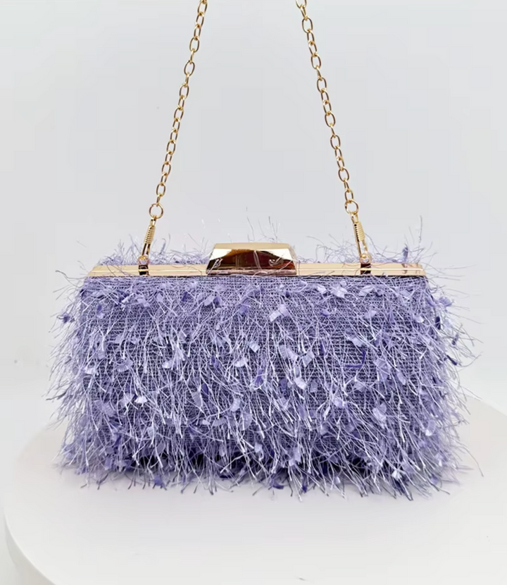 Feather-embellished box clutch with gold chain strap – SCOLE