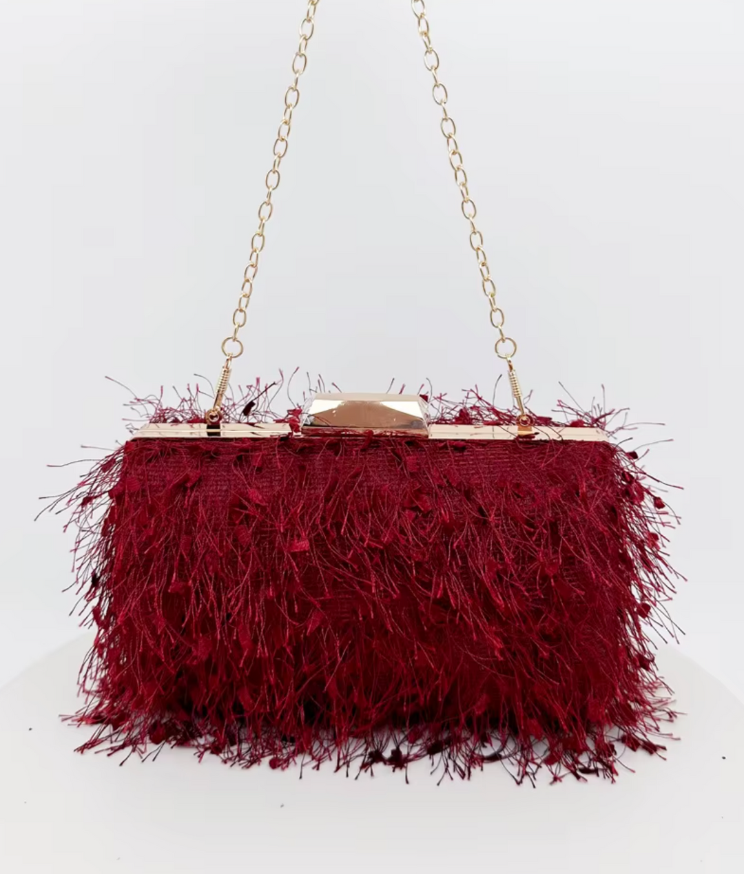 Feather-embellished box clutch with gold chain strap – SCOLE