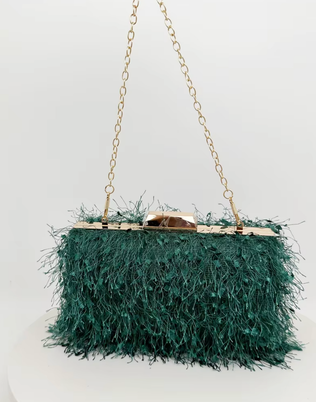 Feather-embellished box clutch with gold chain strap – SCOLE